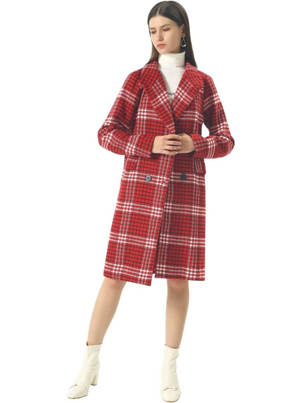 Women's Red Winter Oversize Lapel Collar Woolen Double Breasted Long Pea Coat